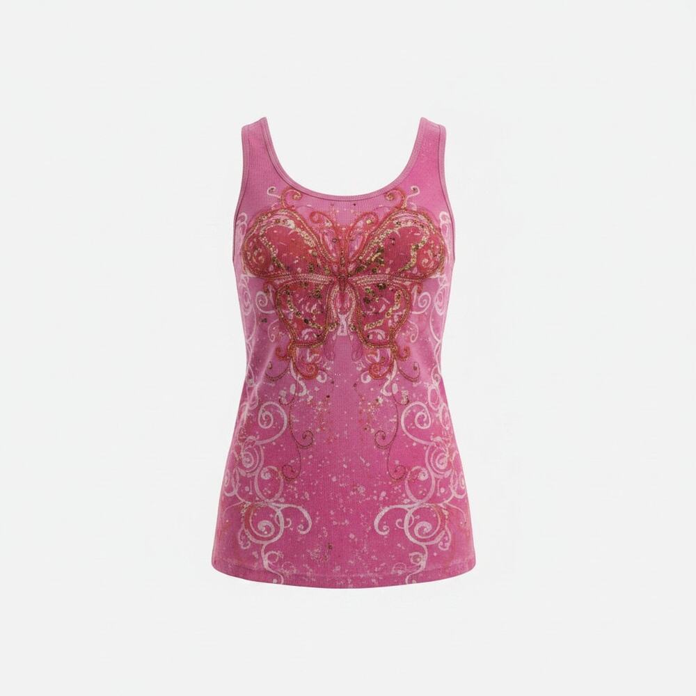 Vintage Y2K 2000s FANG Pink Butterfly Sequins Racerback Tank Top XL
